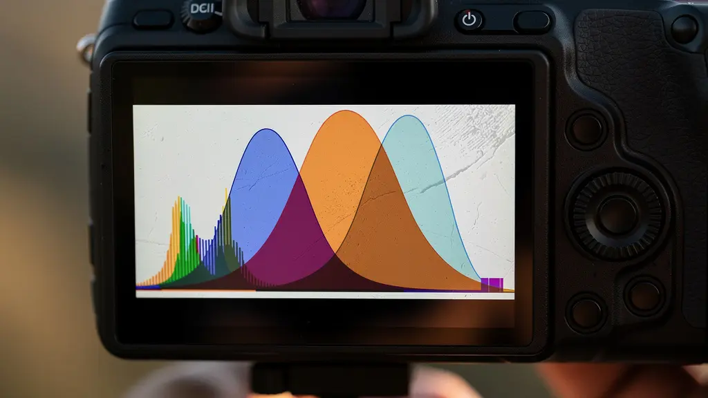 Macro shot of camera LCD showing histogram display with multiple exposure brackets