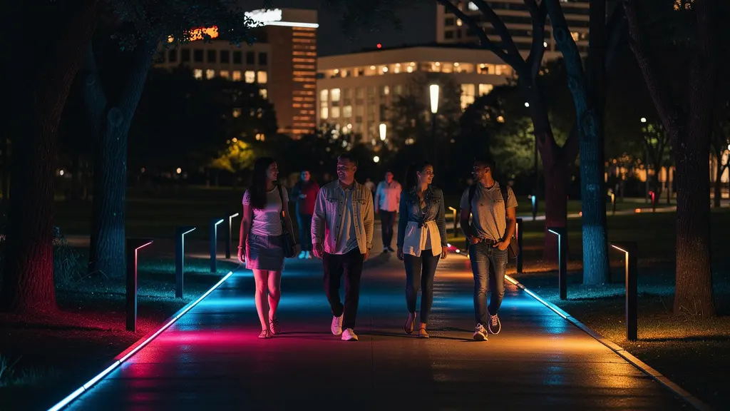 Dynamic LED lighting system illuminating urban pathway with pedestrians at night