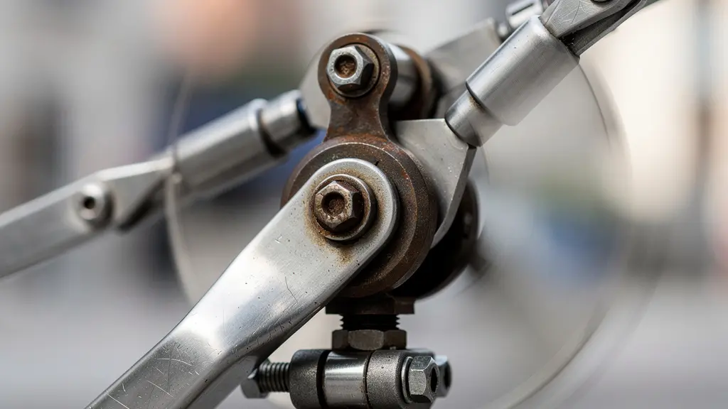 Close-up detail of kinetic sculpture's moving metal elements catching light with motion blur
