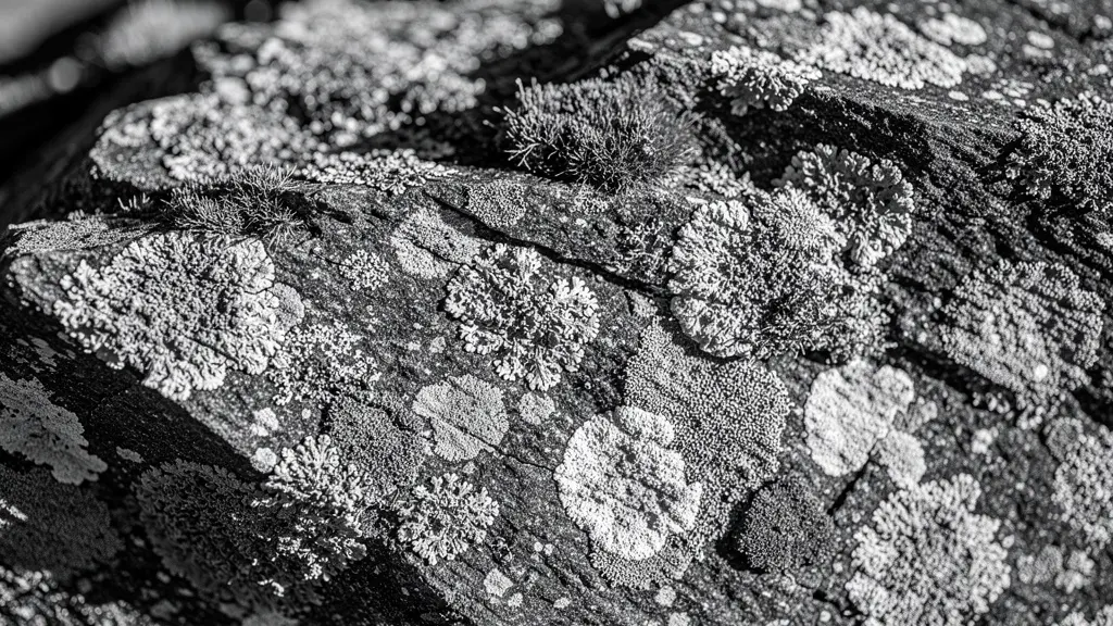 Extreme close-up of weathered Lake District rock texture in high contrast monochrome