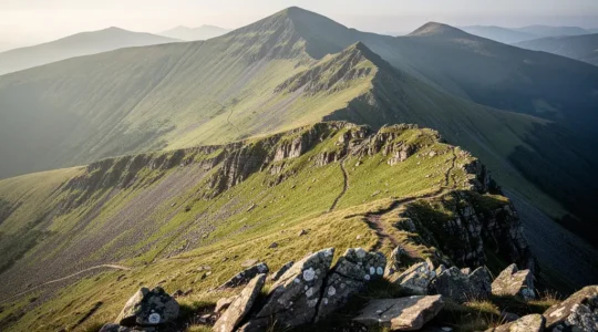 Dramatic telephoto compression view of Lake District fells with layered mountain ridges creating depth