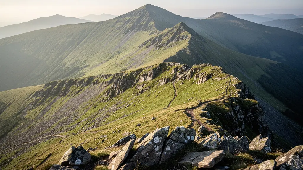 Dramatic telephoto compression view of Lake District fells with layered mountain ridges creating depth