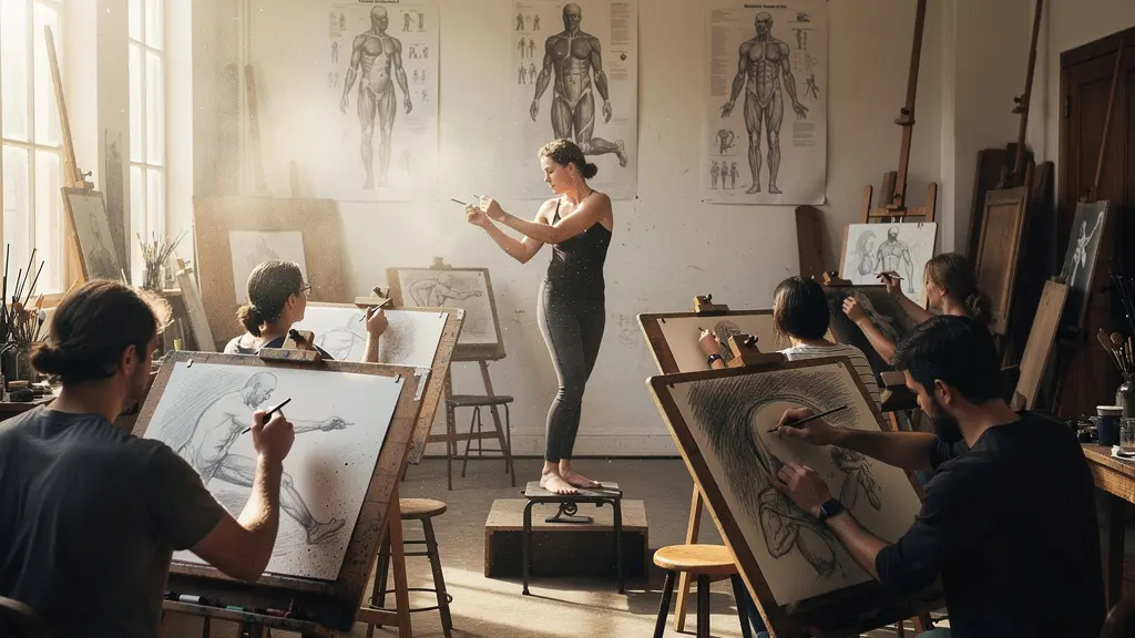 Life drawing class with artists sketching live model, showing quick gesture drawings and anatomical studies on drawing boards