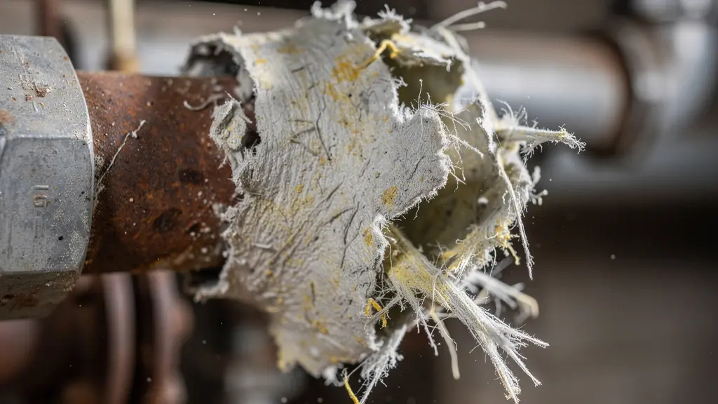 Extreme close-up of deteriorating asbestos insulation showing fibrous texture