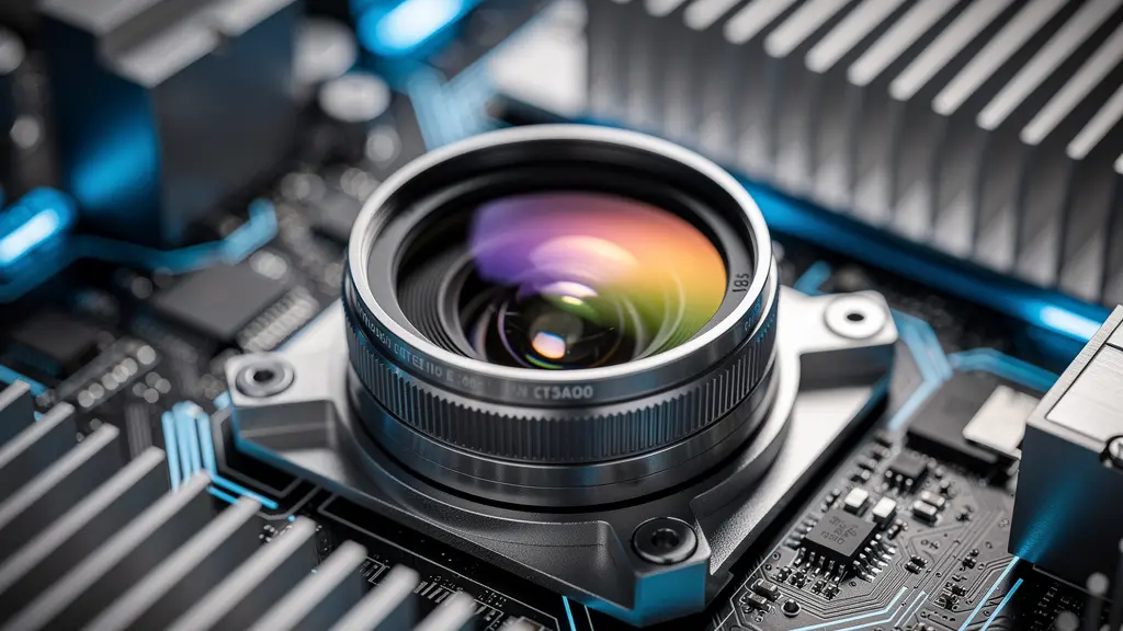 Extreme close-up of projector lens and circuit board components showing technical complexity