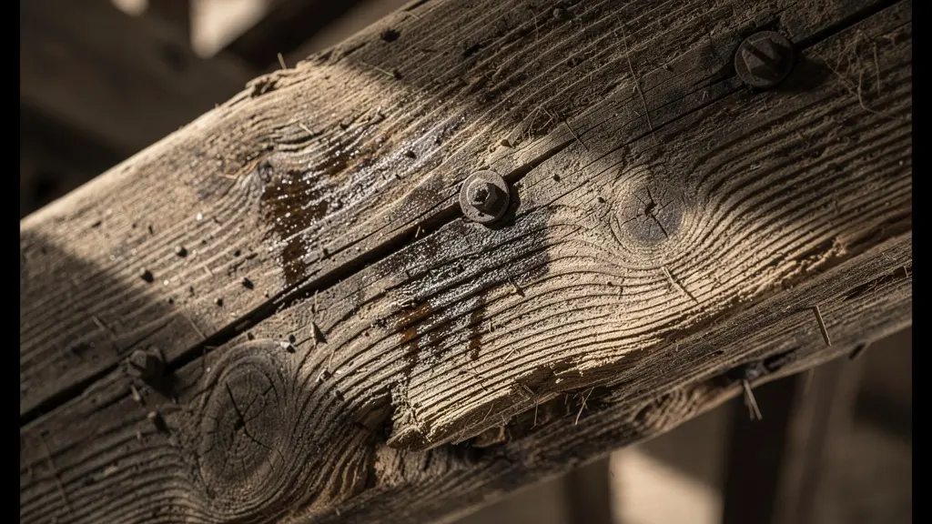 Extreme close-up of original wooden beam texture showing age rings and industrial wear patterns