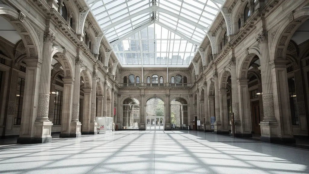Interior of Manchester Art Gallery with Victorian architecture and natural light through glass ceiling