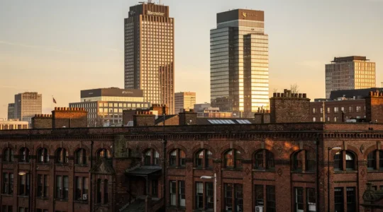 Manchester skyline showing contrast between Victorian red brick warehouses and modern glass towers