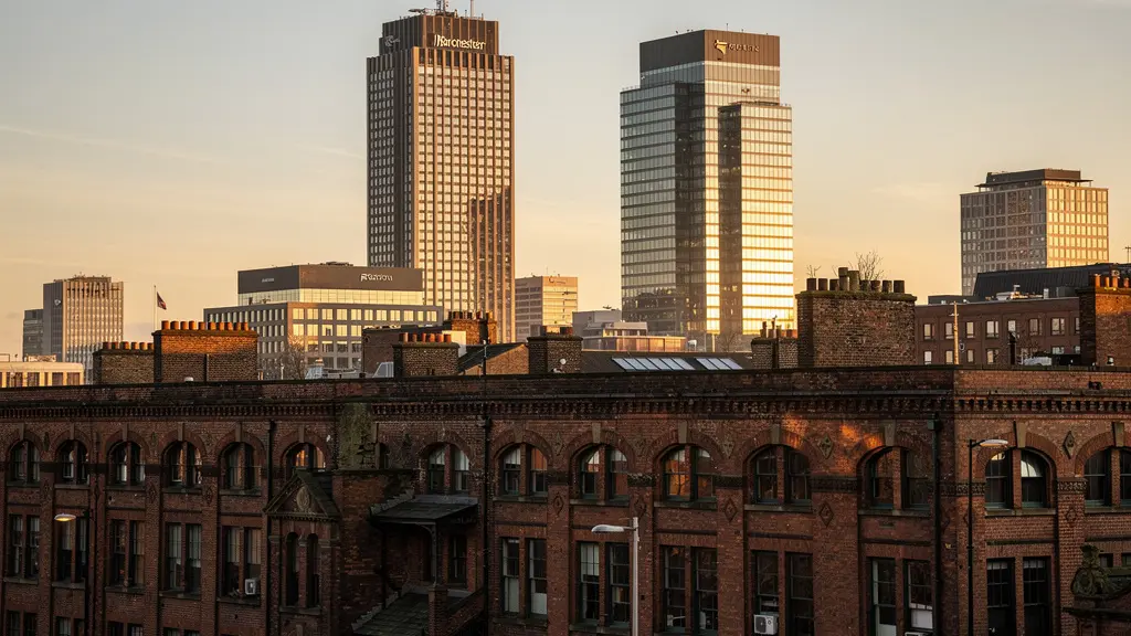 Manchester skyline showing contrast between Victorian red brick warehouses and modern glass towers