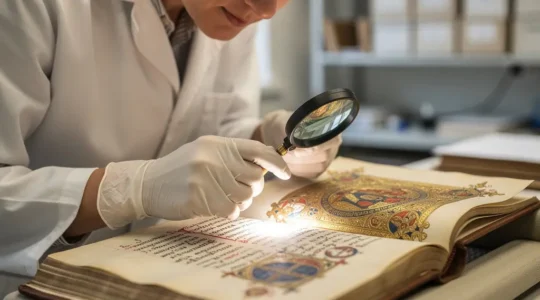 A conservator examining an illuminated medieval manuscript page with specialized magnifying equipment under controlled lighting