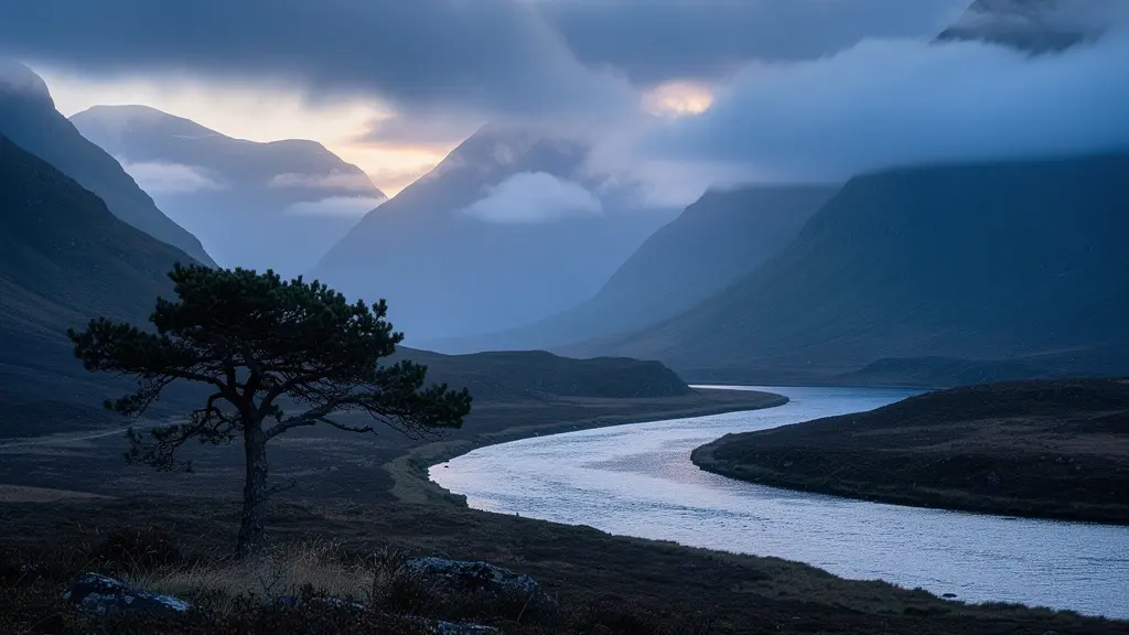 Atmospheric Scottish glen landscape with dramatic lighting and mist