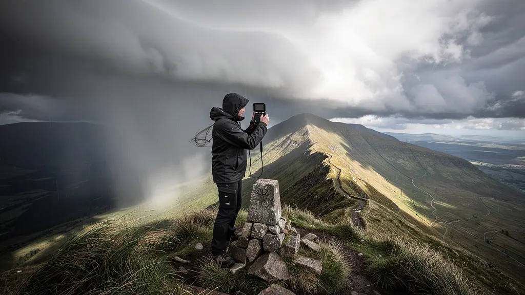 Photographer checking weather conditions at mountain ridge decision point