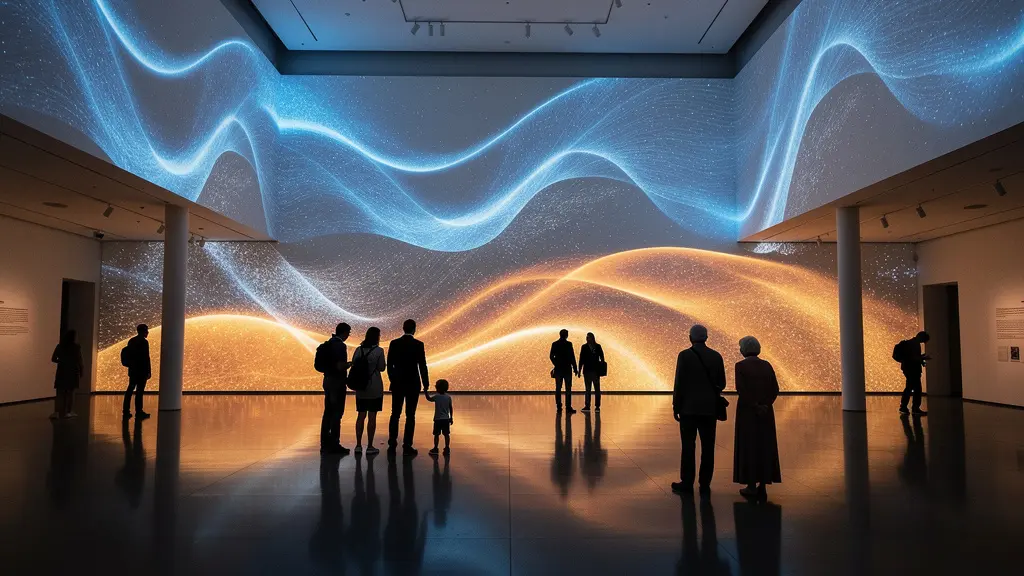 Museum visitors silhouetted against sweeping digital projections in a darkened gallery space