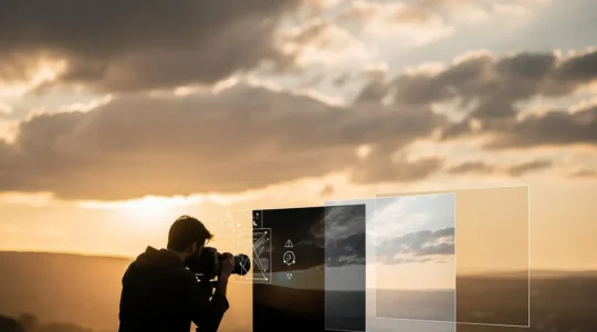 Professional photographer capturing HDR brackets with camera on tripod at golden hour showing layered exposure visualization