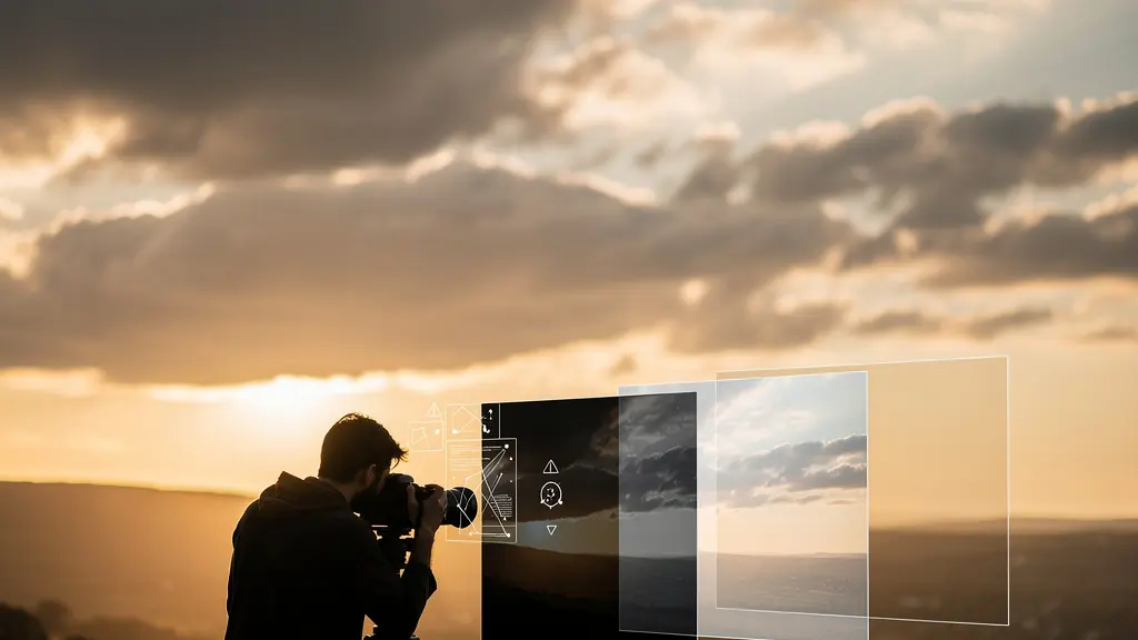 Professional photographer capturing HDR brackets with camera on tripod at golden hour showing layered exposure visualization