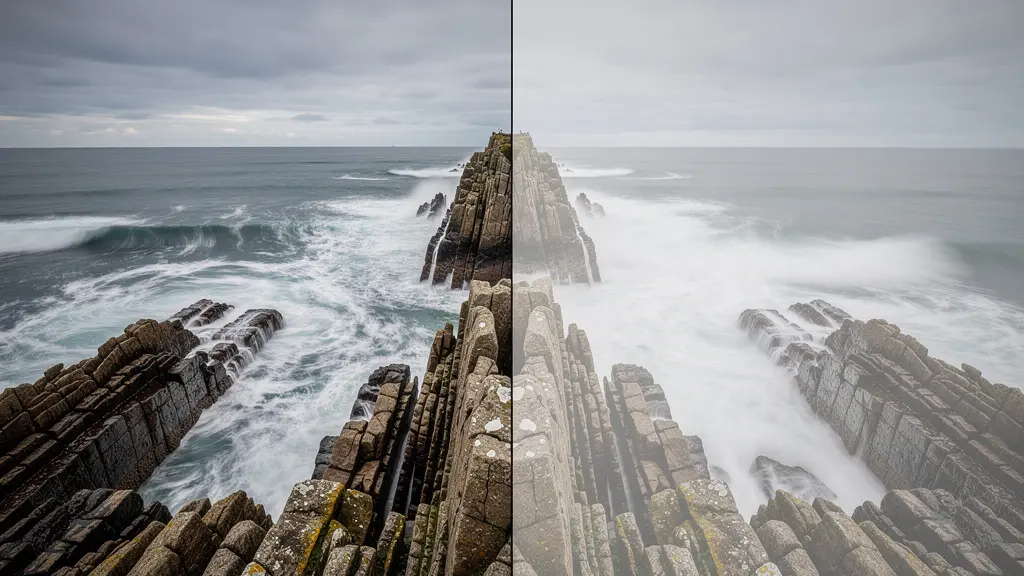 Split comparison showing 6-stop versus 10-stop ND filter effects on ocean waves