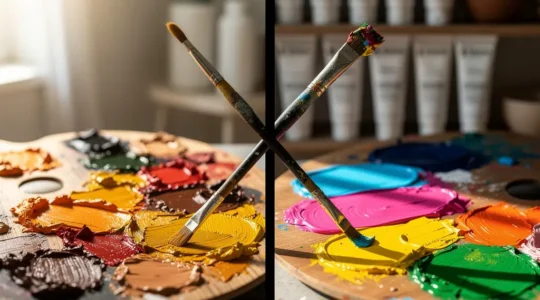 Artistic comparison showing both oil and acrylic paint layering techniques on split canvases