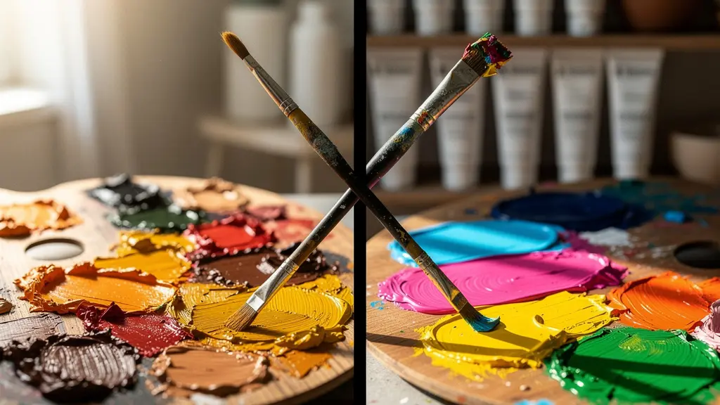 Artistic comparison showing both oil and acrylic paint layering techniques on split canvases