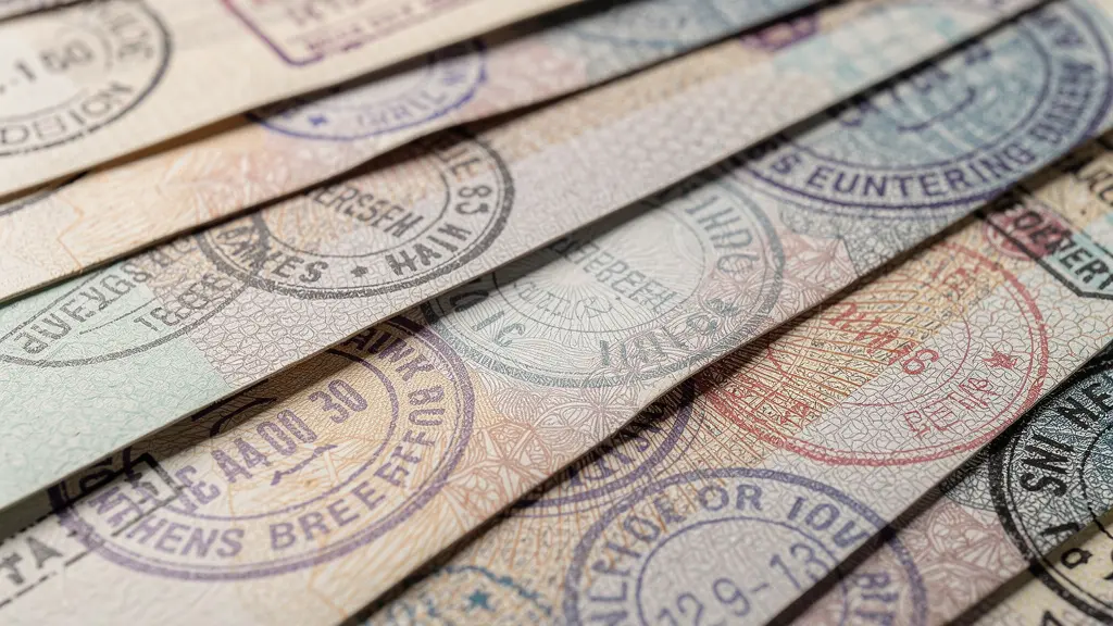 Close-up macro shot of overlapping passport stamps and visa documents