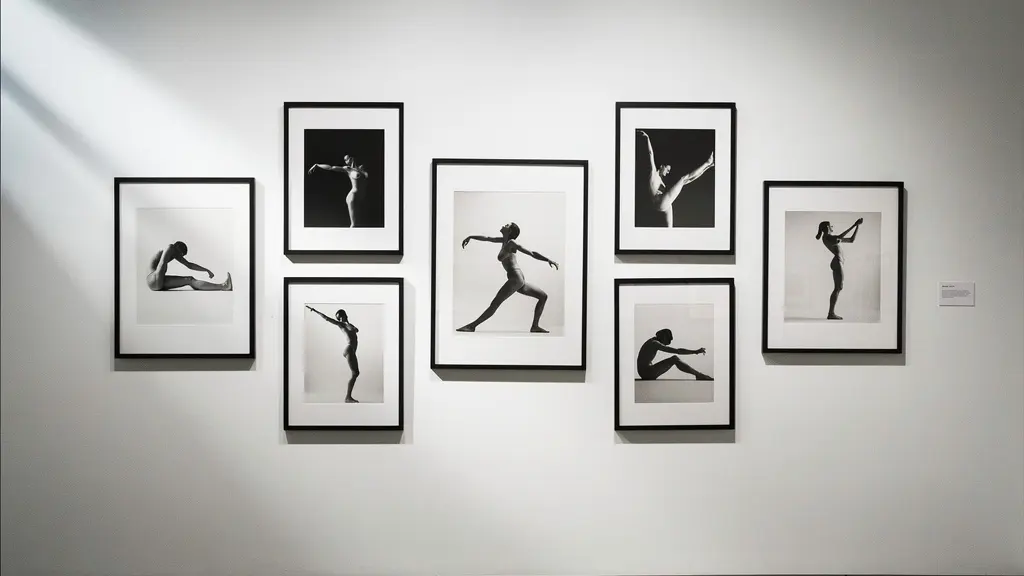 Gallery wall displaying framed performance art documentation photographs in sequence