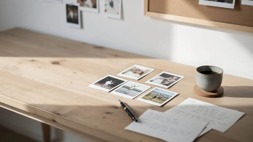Artist's workspace showing newsletter preparation with prints and handwritten notes