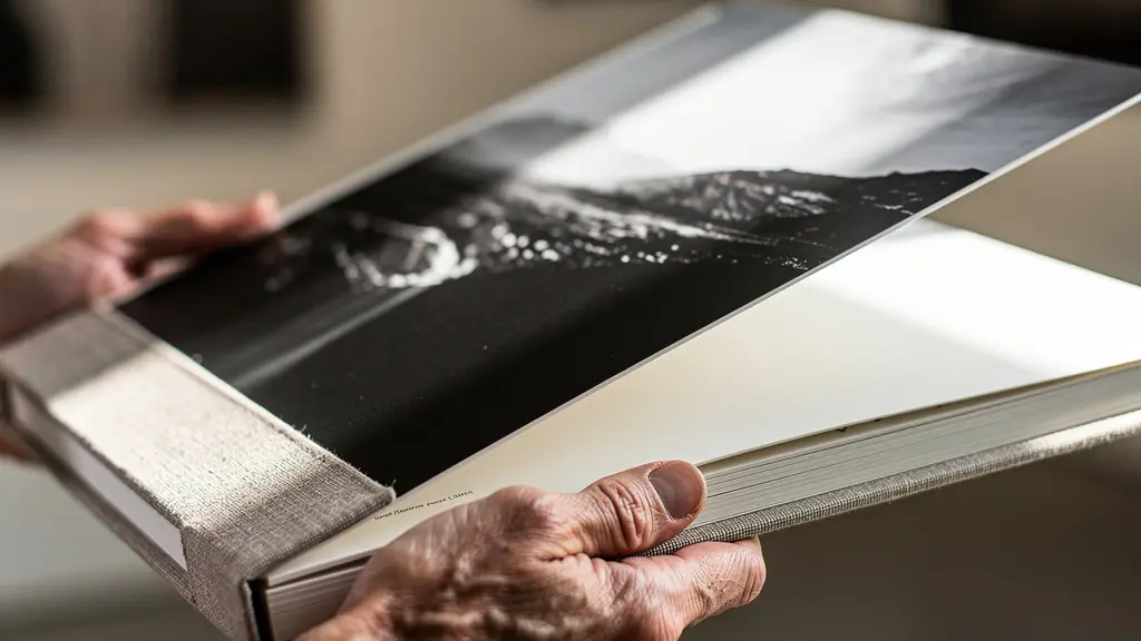 Hands holding open fine art photography portfolio book showing landscape images