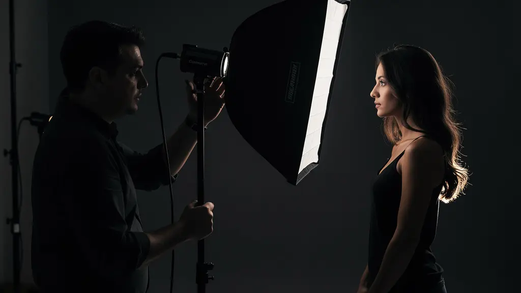 Studio portrait lighting setup showing directional light sculpting facial features