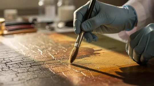 Professional conservator's gloved hands working on delicate artwork surface with precision tools