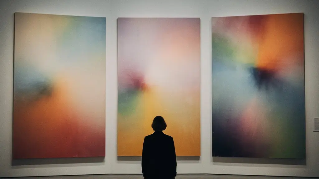 Soft atmospheric view of a person dwarfed by monumental color field paintings in a dimly lit gallery space