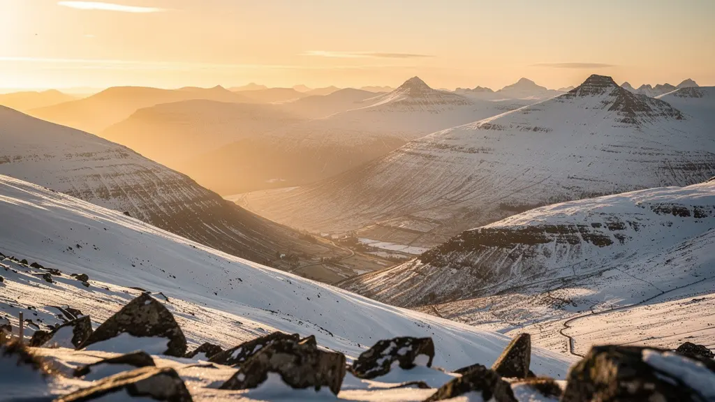 A wide, serene landscape of the Scottish Highlands during an extended winter golden hour, with a low sun casting long shadows.