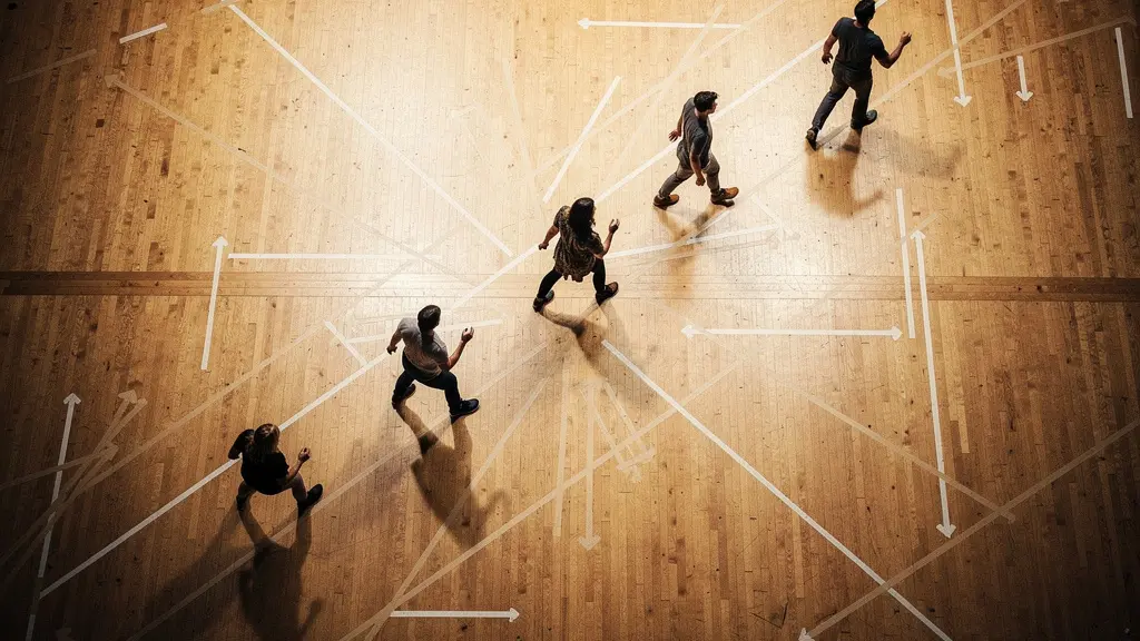 Aerial view of actors positioned strategically on stage during blocking rehearsal