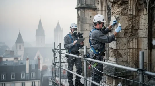 Stone conservators carefully examining and stabilizing weathered limestone blocks on scaffolding at a historic cathedral