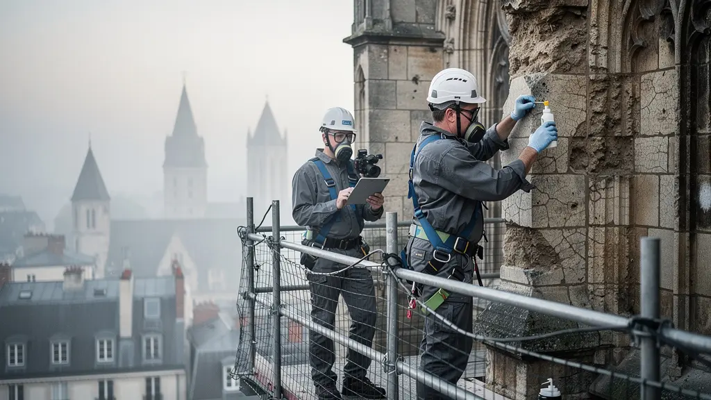 Stone conservators carefully examining and stabilizing weathered limestone blocks on scaffolding at a historic cathedral