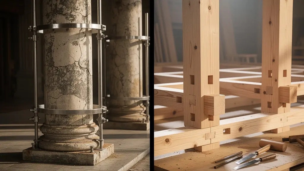 Split composition showing ancient stone stabilization scaffolding on the Parthenon alongside traditional Japanese carpentry tools for shrine reconstruction