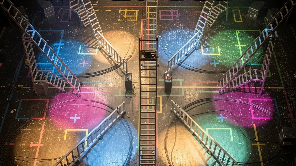 Technical crew adjusting stage lights during intense tech rehearsal