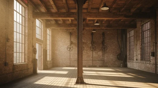 Industrial loft apartment interior showcasing exposed brick walls and wooden beams in a converted textile mill