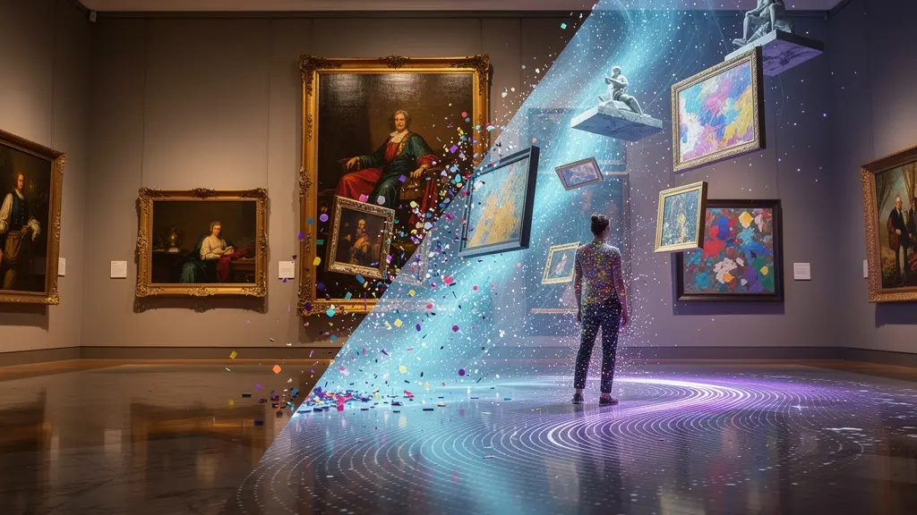 Split composition showing classical museum gallery morphing into immersive digital projection environment