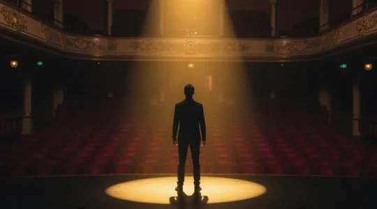 UK performer under theater spotlight facing empty auditorium seats