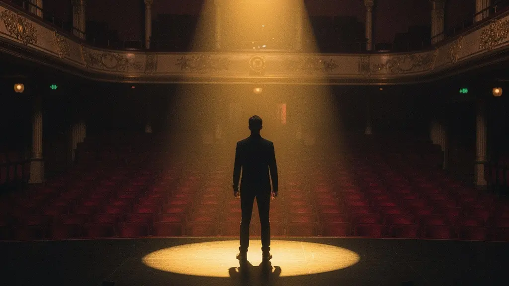UK performer under theater spotlight facing empty auditorium seats