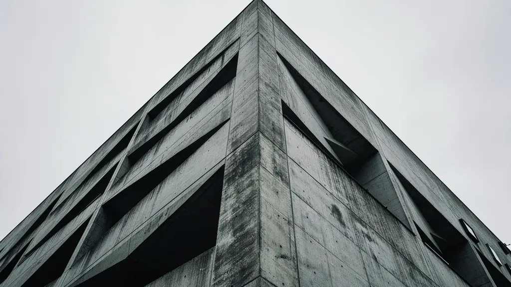 High contrast architectural detail of British brutalist building showing concrete textures