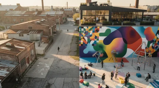 Vibrant street art mural on abandoned building with community gathering in urban park