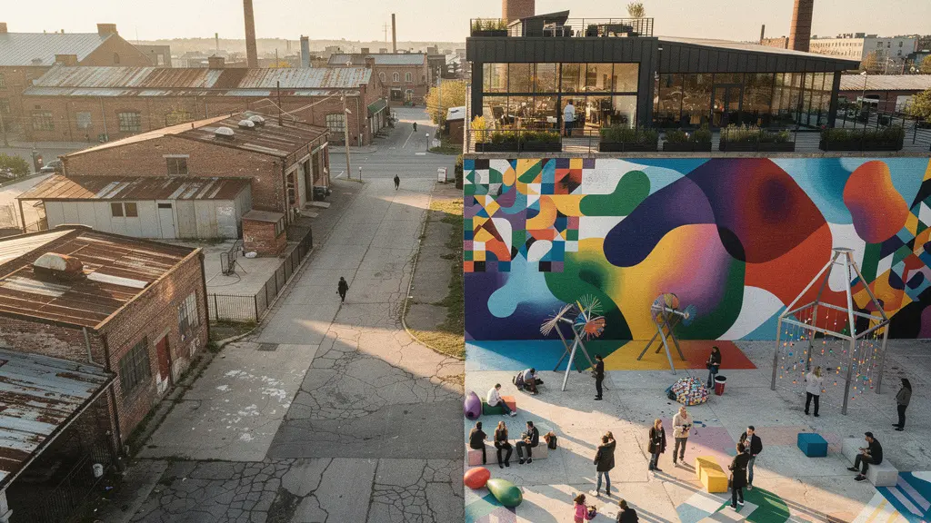 Vibrant street art mural on abandoned building with community gathering in urban park