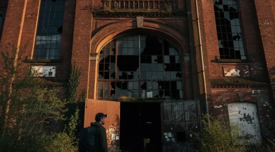 Silhouetted figure with camera equipment standing before abandoned Victorian mill at twilight