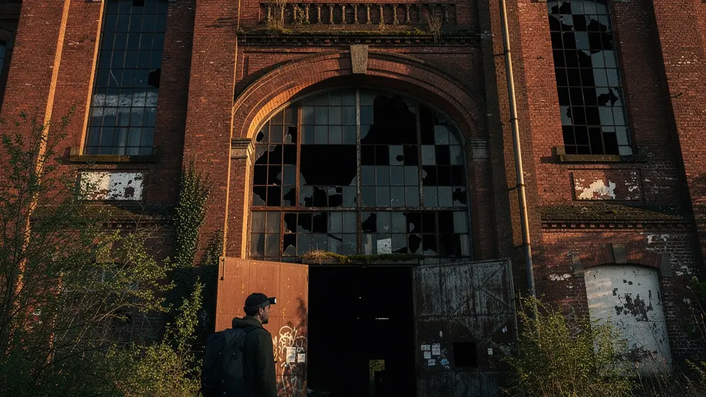 Silhouetted figure with camera equipment standing before abandoned Victorian mill at twilight