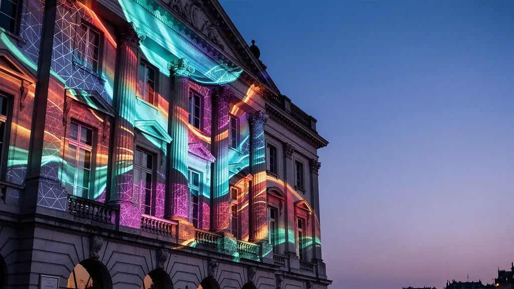 A historic building facade at twilight being transformed by colorful projected animations