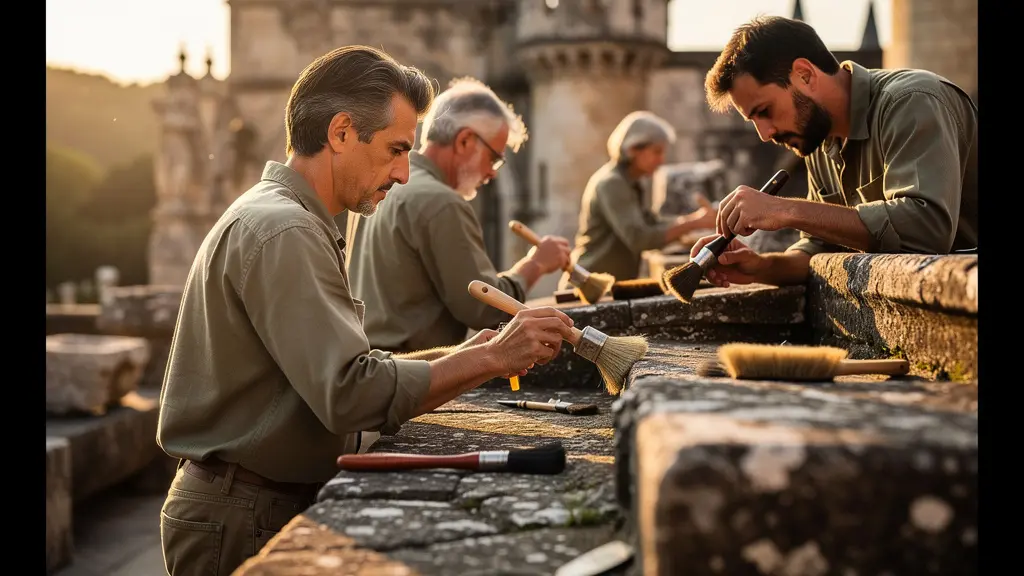 Group of volunteers carefully maintaining historical stonework using traditional conservation techniques
