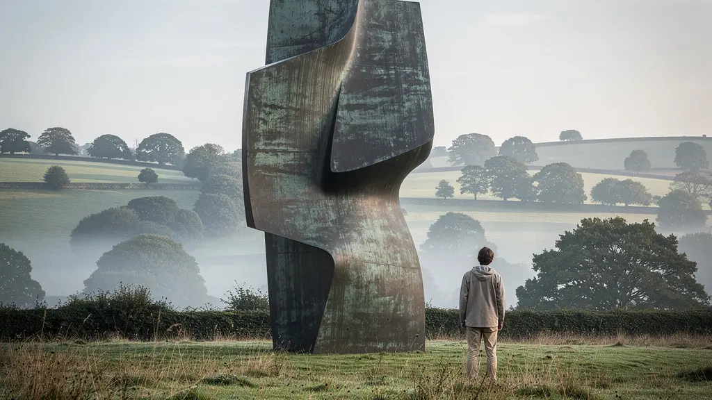 Massive sculpture silhouetted against rolling Yorkshire hills with lone figure for scale