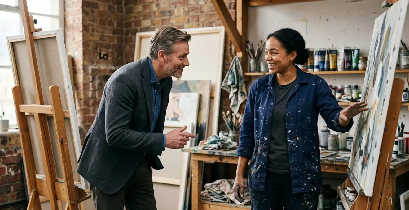 Artist in working studio environment engaging with collector in genuine exchange