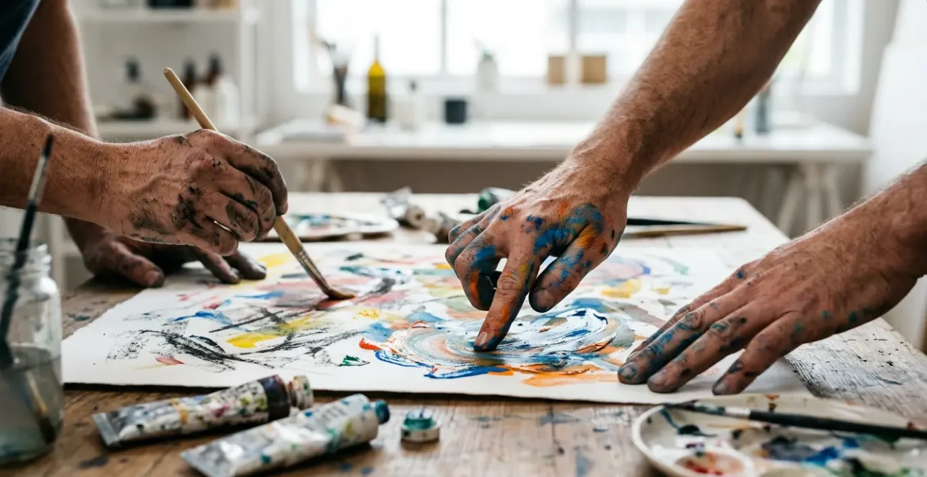 Hands engaged in spontaneous creative art making with vibrant materials