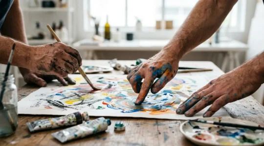 Hands engaged in spontaneous creative art making with vibrant materials